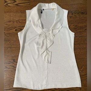 Tahari White Sleeveless Ruffle Front Top
